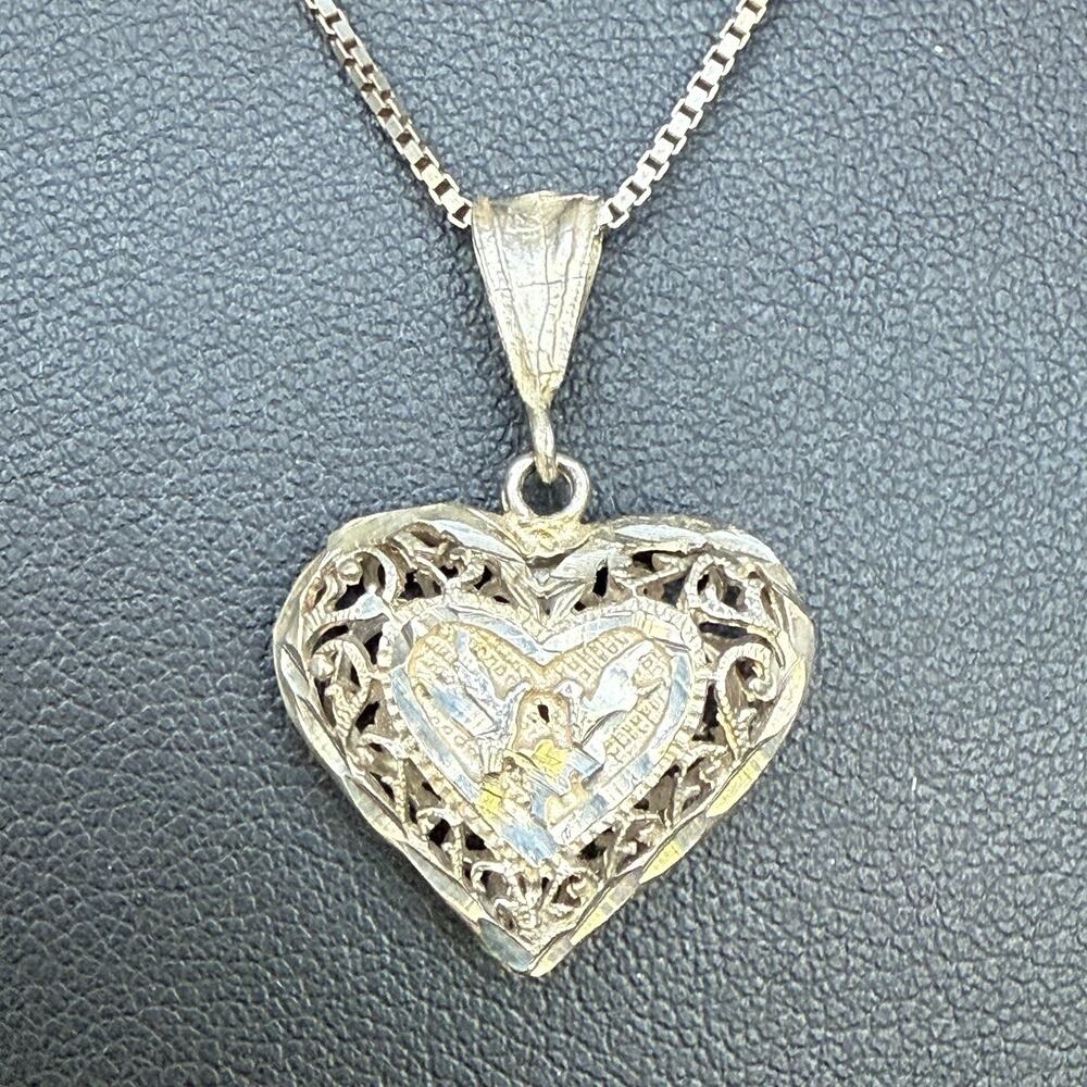 VTG STERLING SILVER 20” Chain Necklace DIAMOND CUT HEART PENDANT Filigree Birds